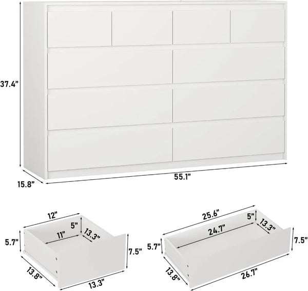 Elegant White Dresser with 10 Drawers